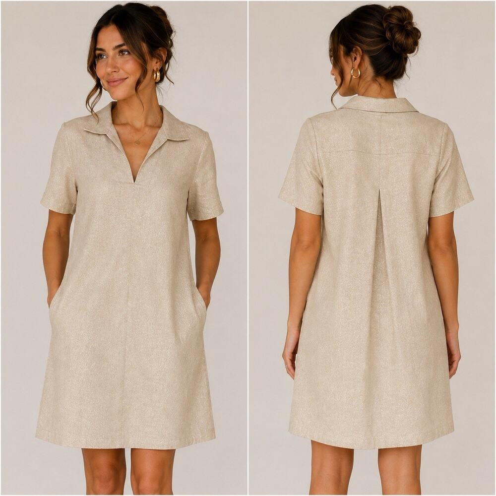 Finley Women’s M Metallic Gold Linen Blend Shift Dress Made USA Quiet Luxury